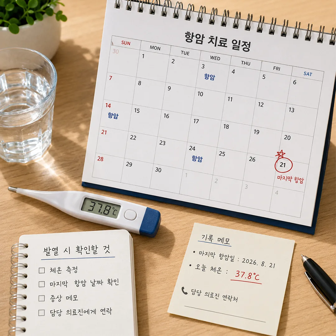 발열 시 마지막 항암 날짜와 체온을 확인해 담당 의료진에게 연락하는 준비