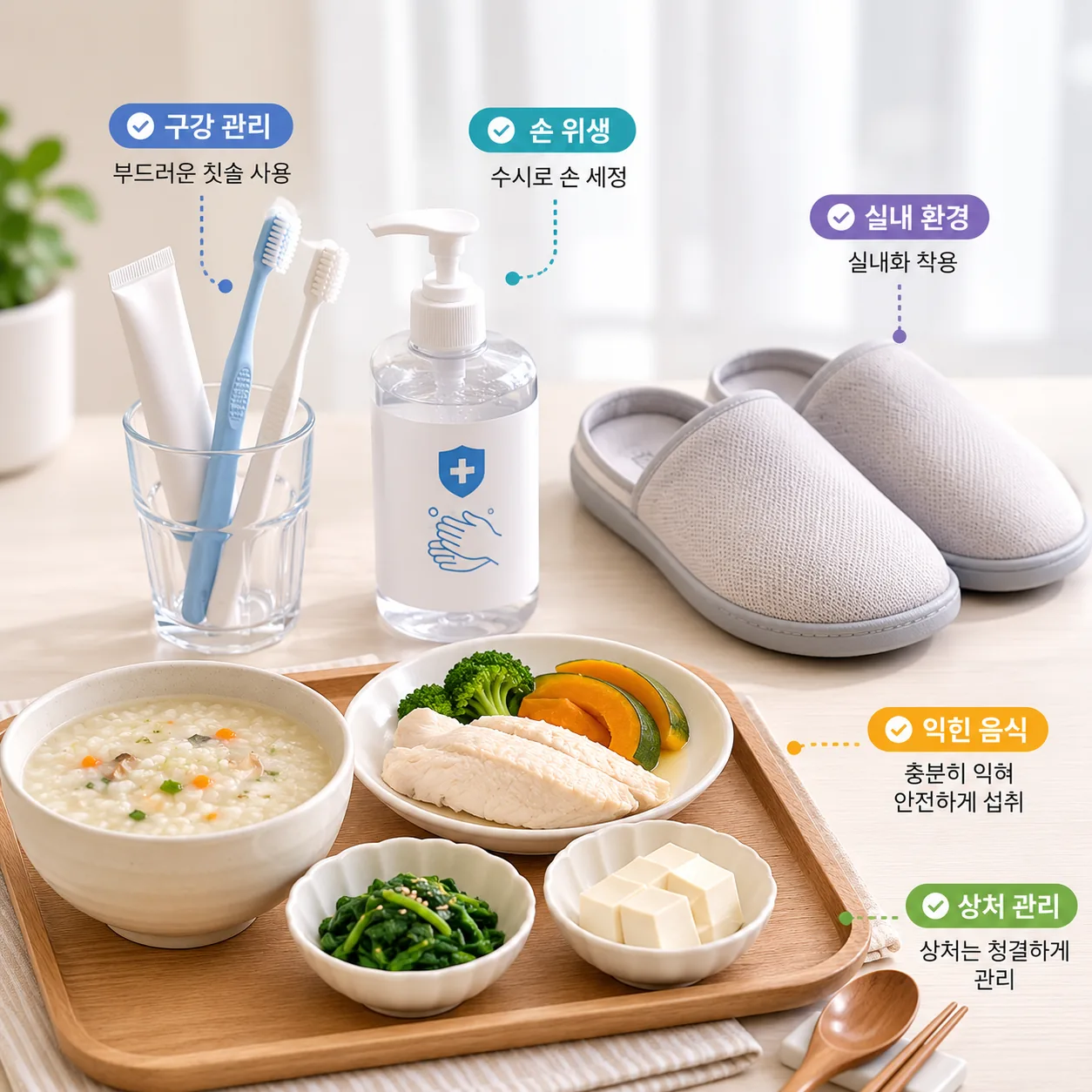 백혈구 수치가 낮은 시기의 손 위생 구강 관리 상처 관리 익힌 음식 준비