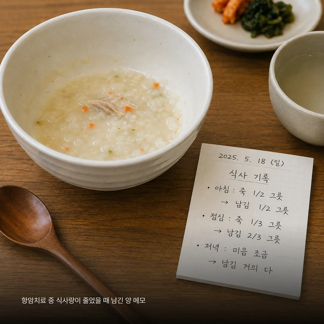 항암치료 중 식사량이 줄었을 때 남긴 양을 메모로 남기는 모습