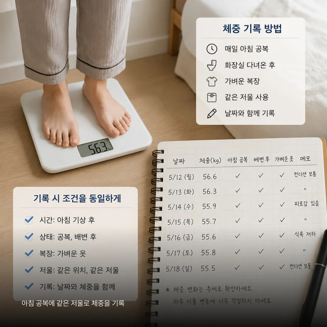 암 환자가 같은 시각 같은 조건에서 체중을 재고 기록하는 방법