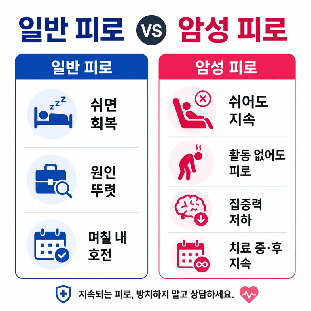 일반 피로와 암성 피로의 차이를 비교한 도표