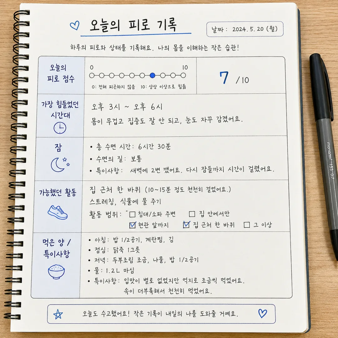 암성 피로 점수와 시간대를 적은 기록 노트