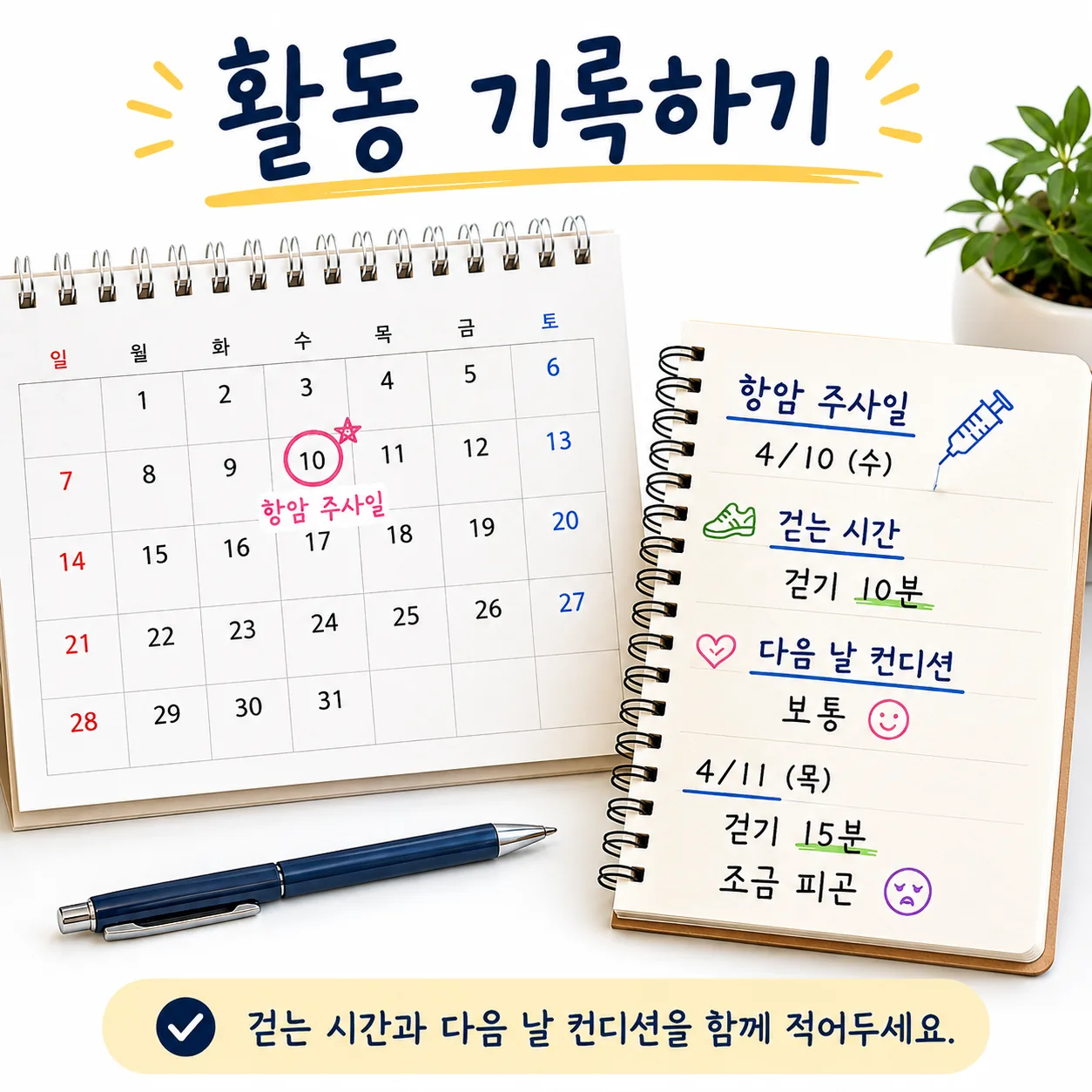 항암 주기에 맞춰 걸은 시간과 다음 날 컨디션을 적은 기록