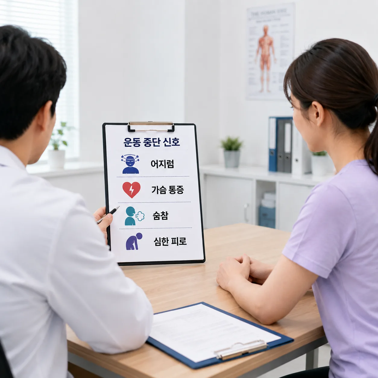 항암치료 중 운동을 멈춰야 하는 신호를 설명하는 진료 장면