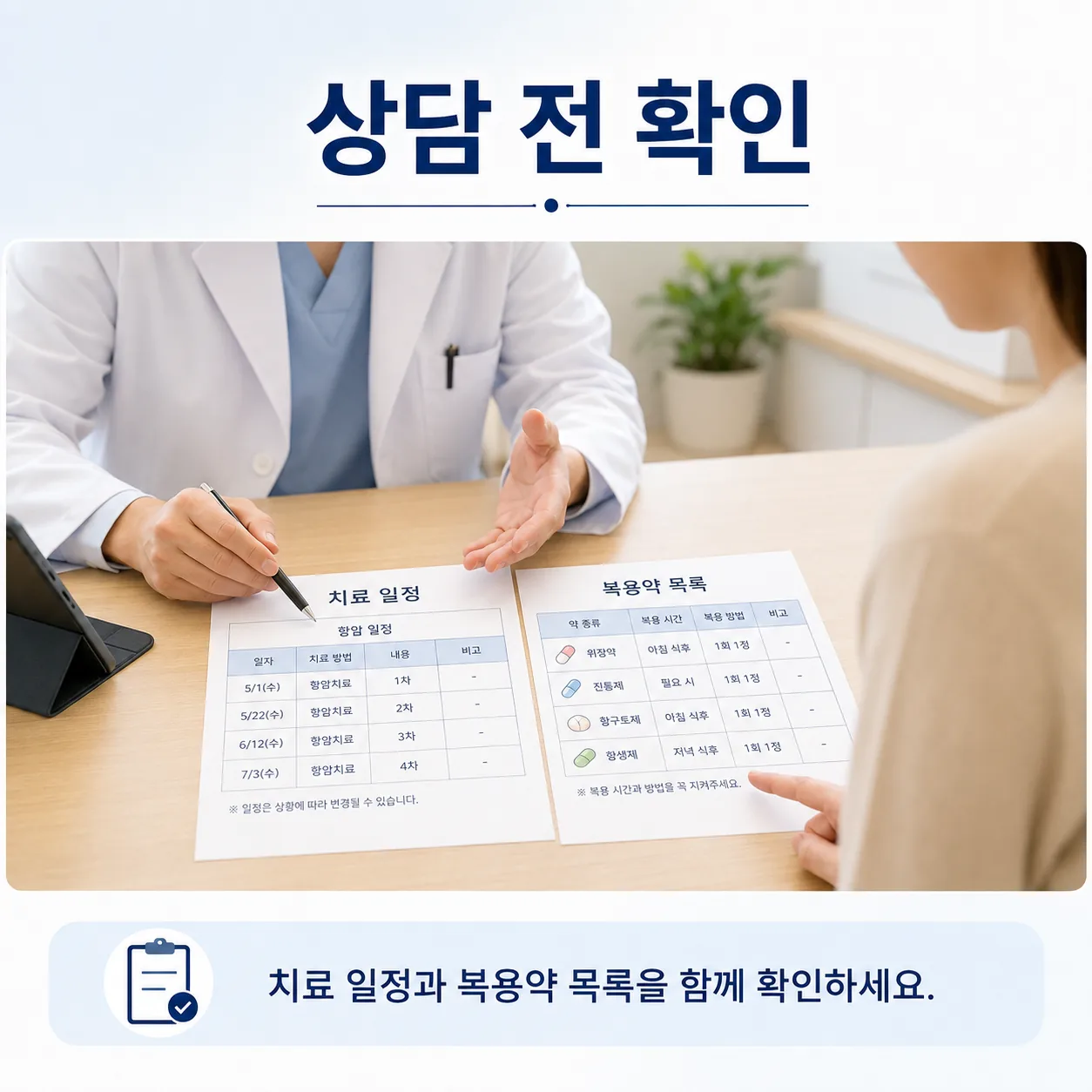 암 치료 전후 보조진료 상담에서 치료 일정과 복용약을 확인하는 모습