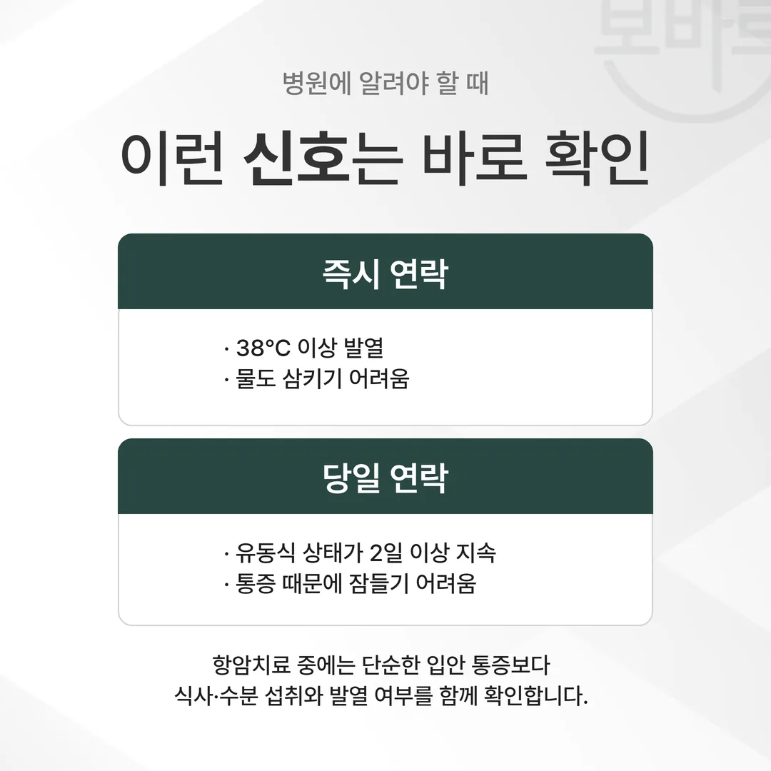 항암치료 중 구내염에서 즉시 연락할 신호와 당일 연락할 신호를 두 층으로 나눈 안내도